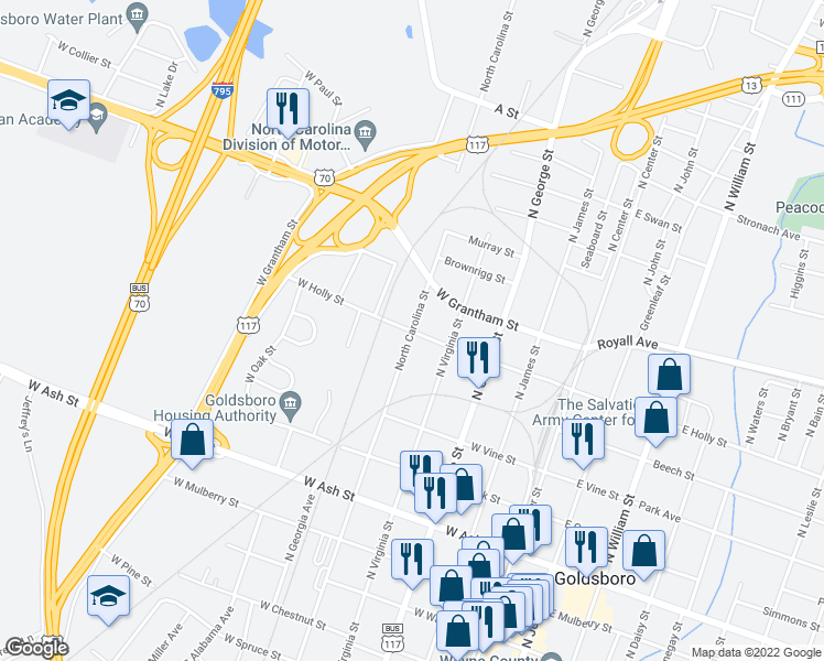 map of restaurants, bars, coffee shops, grocery stores, and more near N Carolina St & W Holly St in Goldsboro