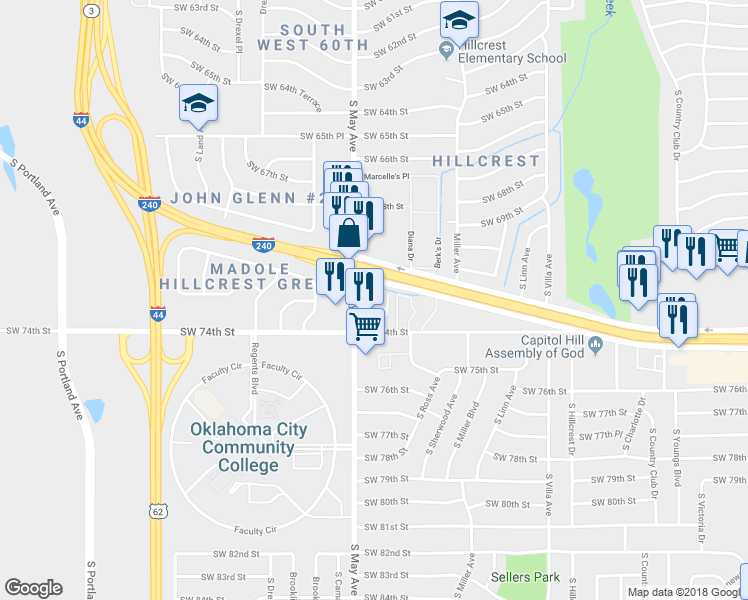 map of restaurants, bars, coffee shops, grocery stores, and more near 7400 South May Avenue in Oklahoma City