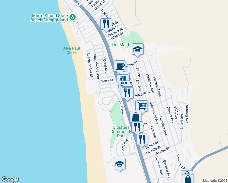 map of restaurants, bars, coffee shops, grocery stores, and more near 2783 Coral Avenue in Morro Bay