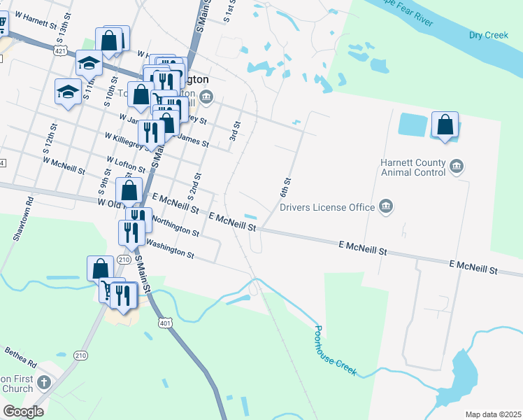 map of restaurants, bars, coffee shops, grocery stores, and more near 101 Laura Lane in Lillington