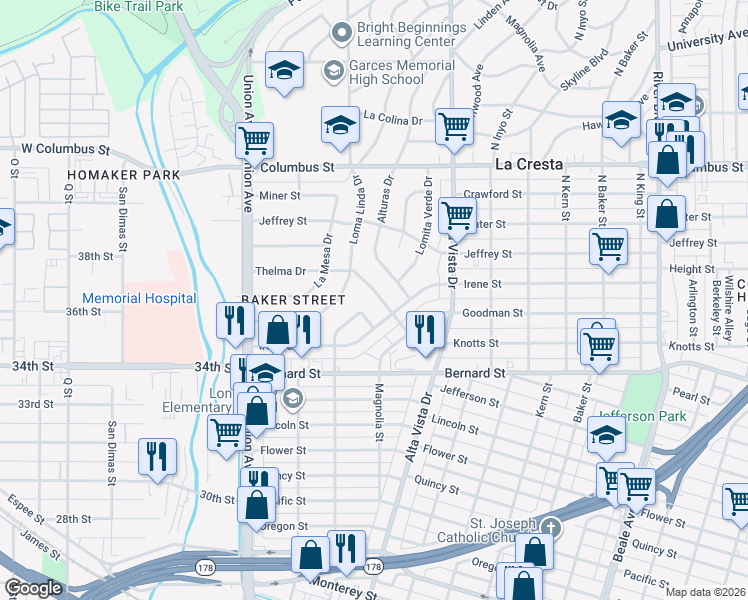 map of restaurants, bars, coffee shops, grocery stores, and more near 2222 Thelma Drive in Bakersfield