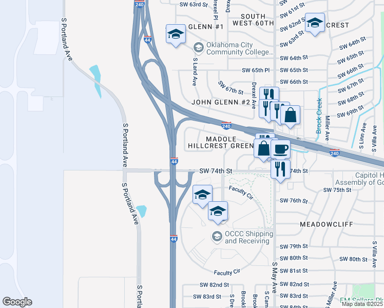 map of restaurants, bars, coffee shops, grocery stores, and more near 3208 Southwest 72nd Street in Oklahoma City