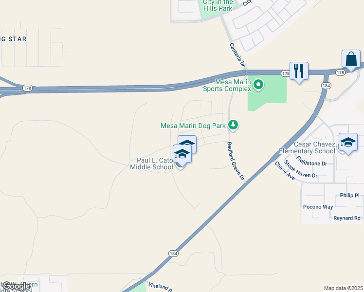 map of restaurants, bars, coffee shops, grocery stores, and more near 9801 Highland Knolls Drive in Bakersfield