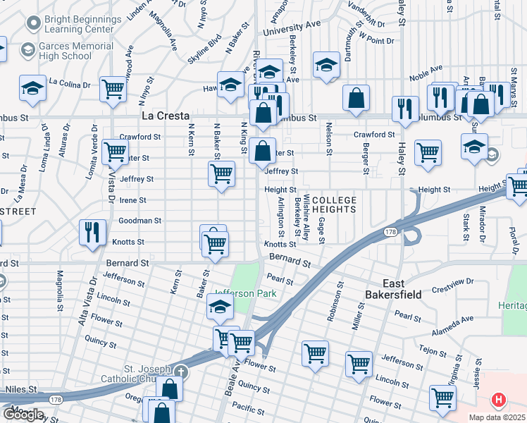 map of restaurants, bars, coffee shops, grocery stores, and more near 2233 Arlington Street in Bakersfield