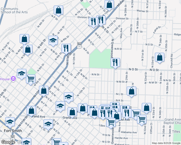 map of restaurants, bars, coffee shops, grocery stores, and more near 1804 North N Street in Fort Smith