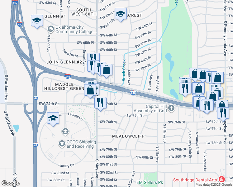 map of restaurants, bars, coffee shops, grocery stores, and more near 2681 Southwest 74th Street in Oklahoma City