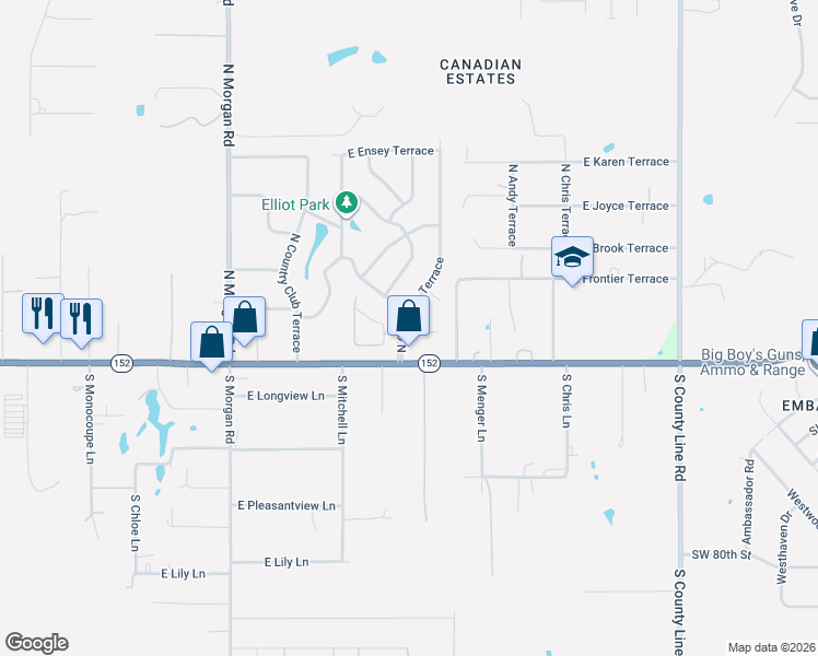 map of restaurants, bars, coffee shops, grocery stores, and more near 2010 East Hill Terrace in Mustang