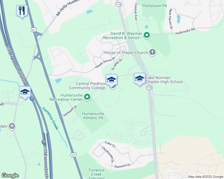 map of restaurants, bars, coffee shops, grocery stores, and more near 11930 Verhoeff Drive in Huntersville