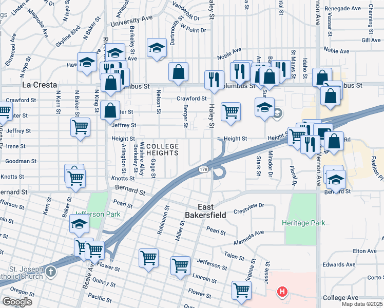 map of restaurants, bars, coffee shops, grocery stores, and more near 2311 Berger Street in Bakersfield