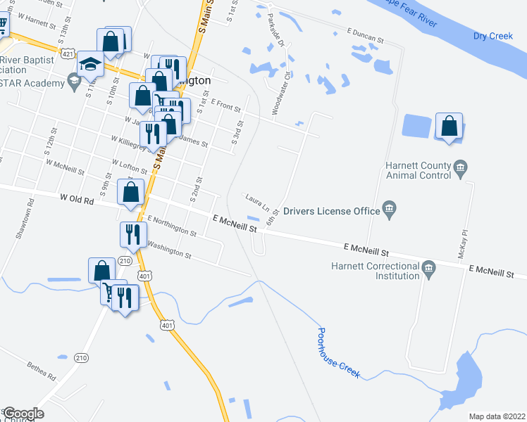 map of restaurants, bars, coffee shops, grocery stores, and more near 101 Laura Lane in Lillington