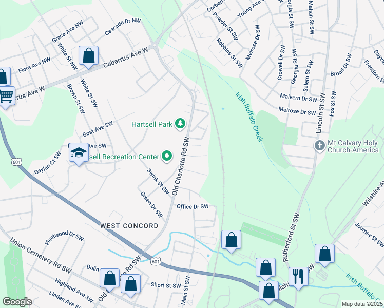 map of restaurants, bars, coffee shops, grocery stores, and more near 204 Alberta Court Southwest in Concord