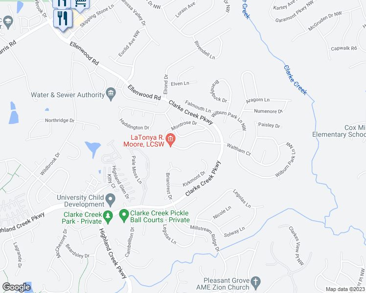 map of restaurants, bars, coffee shops, grocery stores, and more near 10132 Montrose Drive in Charlotte