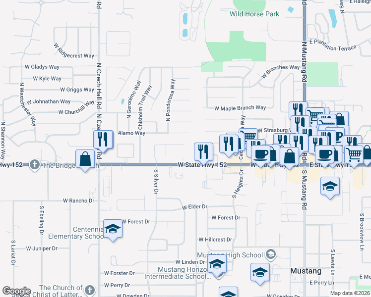 map of restaurants, bars, coffee shops, grocery stores, and more near 548 West Shadow Ridge Way in Mustang