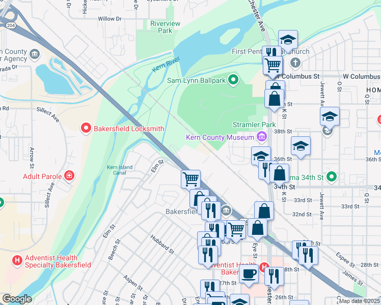 map of restaurants, bars, coffee shops, grocery stores, and more near 1830 Golden State Avenue in Bakersfield