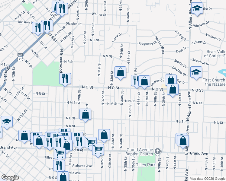 map of restaurants, bars, coffee shops, grocery stores, and more near 1541 North 33rd Street in Fort Smith