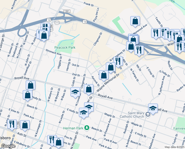map of restaurants, bars, coffee shops, grocery stores, and more near 901 Aycock Street in Goldsboro