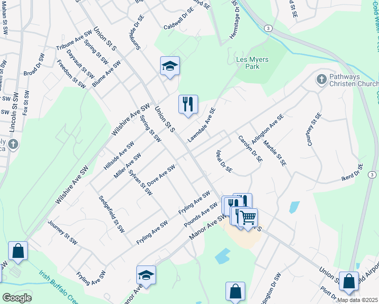 map of restaurants, bars, coffee shops, grocery stores, and more near Union Street South in Concord