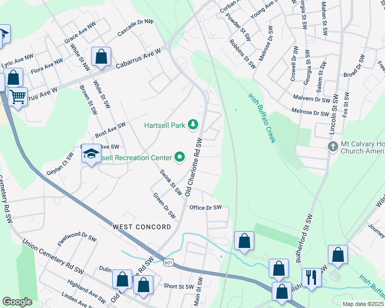 map of restaurants, bars, coffee shops, grocery stores, and more near 598 Old Charlotte Road Southwest in Concord