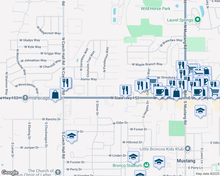 map of restaurants, bars, coffee shops, grocery stores, and more near 548 West Shadow Ridge Way in Mustang
