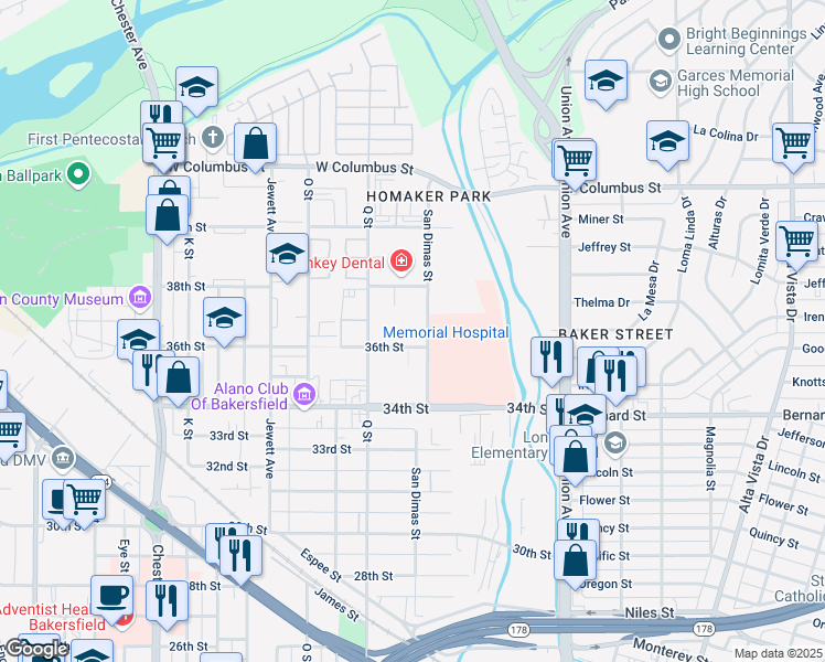 map of restaurants, bars, coffee shops, grocery stores, and more near 3553 San Dimas Street in Bakersfield
