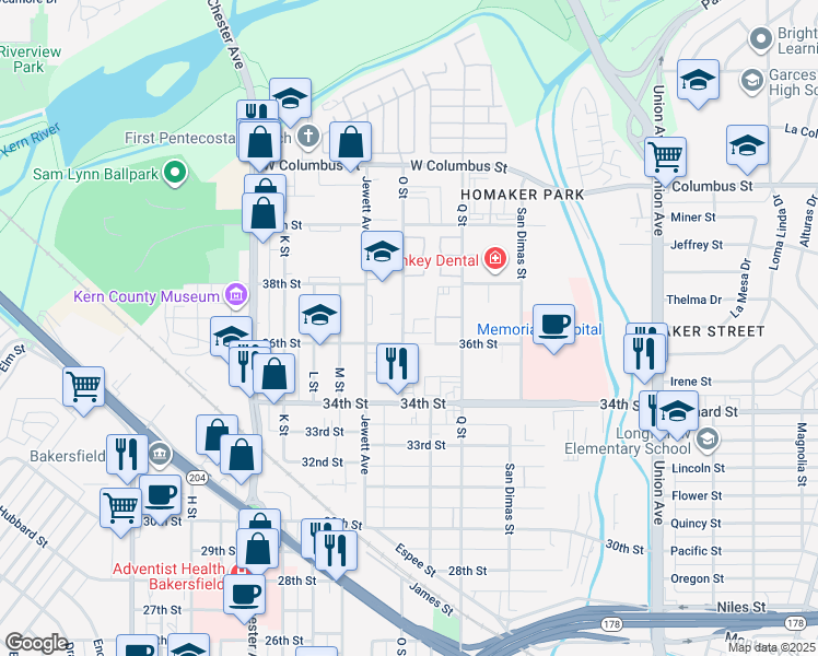 map of restaurants, bars, coffee shops, grocery stores, and more near 1000 36th Street in Bakersfield