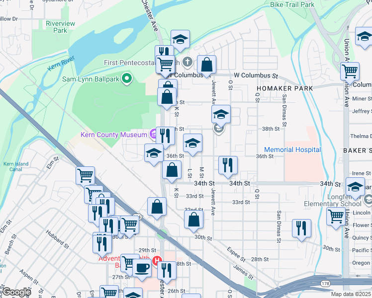 map of restaurants, bars, coffee shops, grocery stores, and more near 3602 L Street in Bakersfield