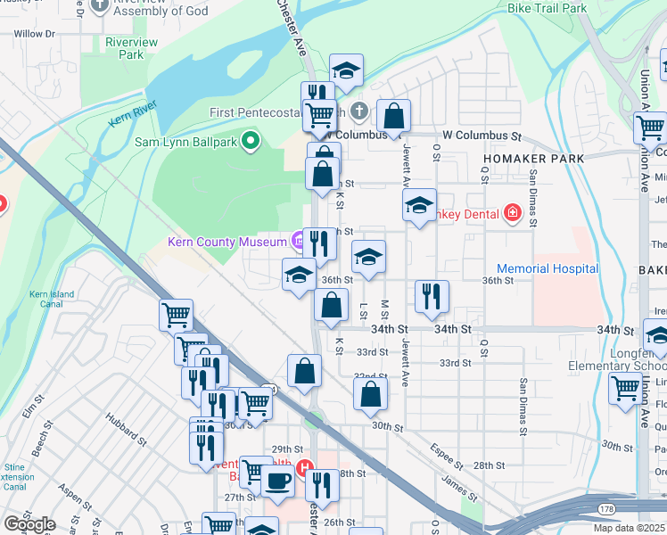 map of restaurants, bars, coffee shops, grocery stores, and more near 1330 36th Street in Bakersfield