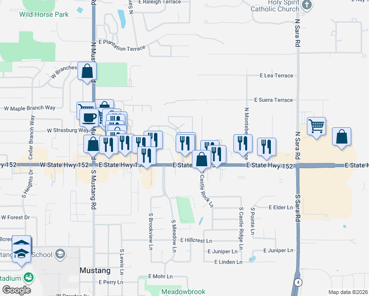 map of restaurants, bars, coffee shops, grocery stores, and more near North Mustang Road in Mustang