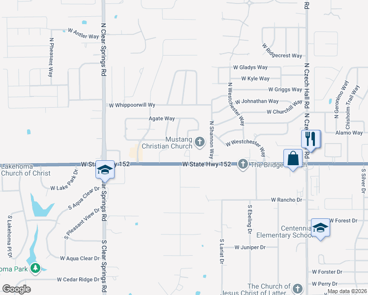 map of restaurants, bars, coffee shops, grocery stores, and more near 161 Bison Court Way in Mustang