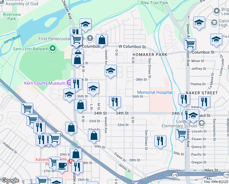 map of restaurants, bars, coffee shops, grocery stores, and more near 1000 36th Street in Bakersfield