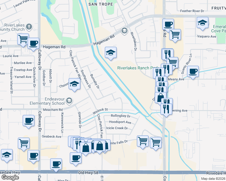 map of restaurants, bars, coffee shops, grocery stores, and more near 8714 Chisholm Drive in Bakersfield