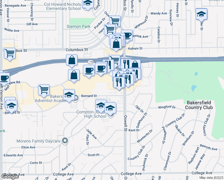 map of restaurants, bars, coffee shops, grocery stores, and more near 2626 Cleo Court in Bakersfield