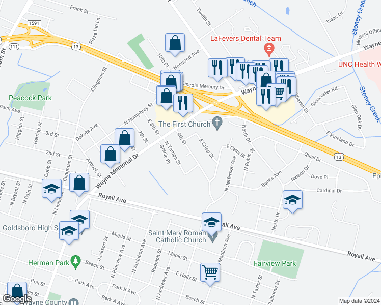 map of restaurants, bars, coffee shops, grocery stores, and more near 1299 9th Street in Goldsboro