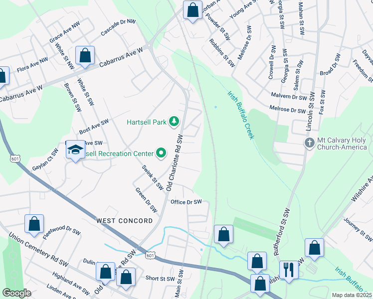 map of restaurants, bars, coffee shops, grocery stores, and more near 204 Alberta Court Southwest in Concord
