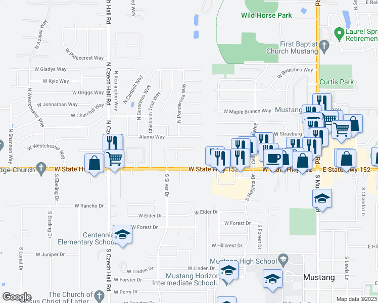 map of restaurants, bars, coffee shops, grocery stores, and more near 548 West Shadow Ridge Way in Mustang