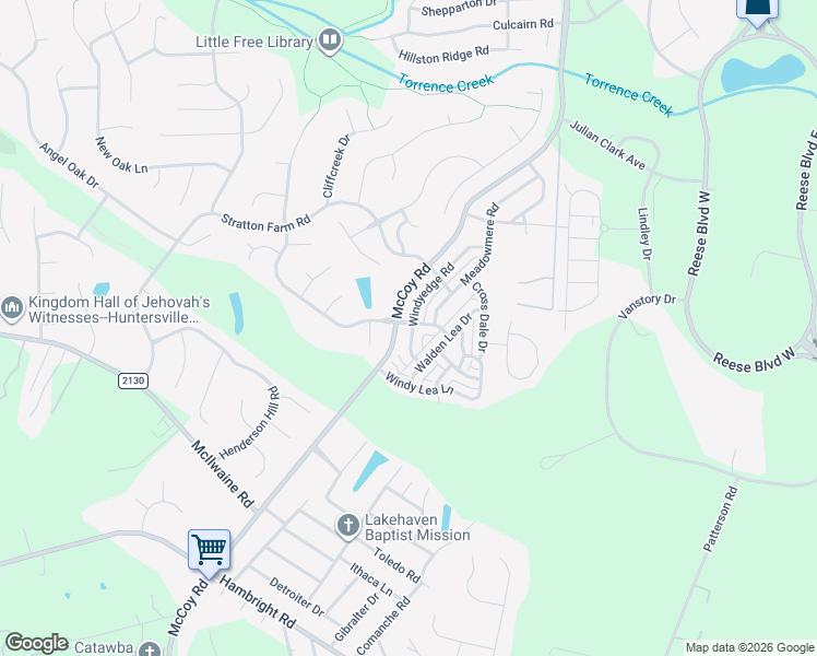 map of restaurants, bars, coffee shops, grocery stores, and more near 12823 Windyedge Road in Huntersville