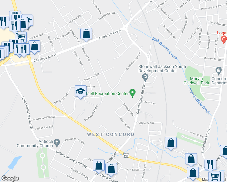 map of restaurants, bars, coffee shops, grocery stores, and more near Swink Street Southwest in Concord