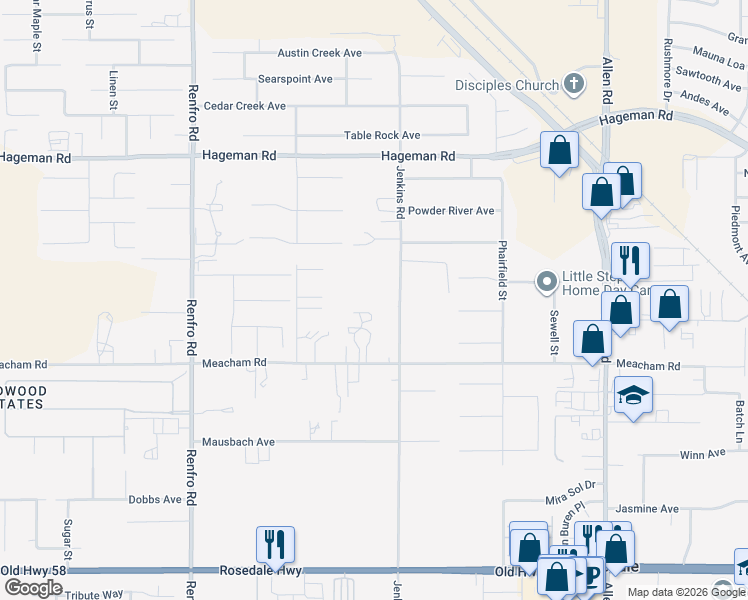 map of restaurants, bars, coffee shops, grocery stores, and more near 3611 Jenkins Road in Bakersfield