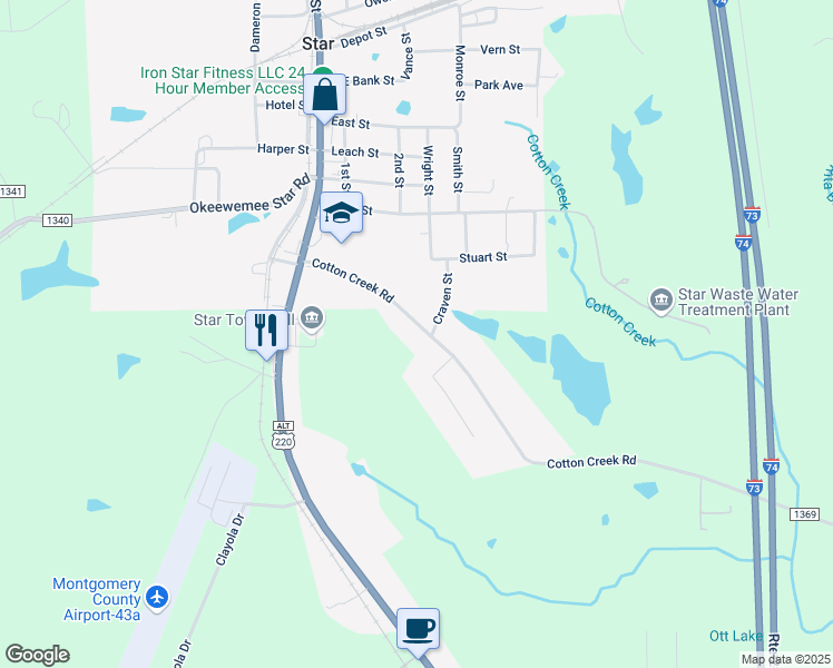 map of restaurants, bars, coffee shops, grocery stores, and more near 257 Cotton Creek Road in Star
