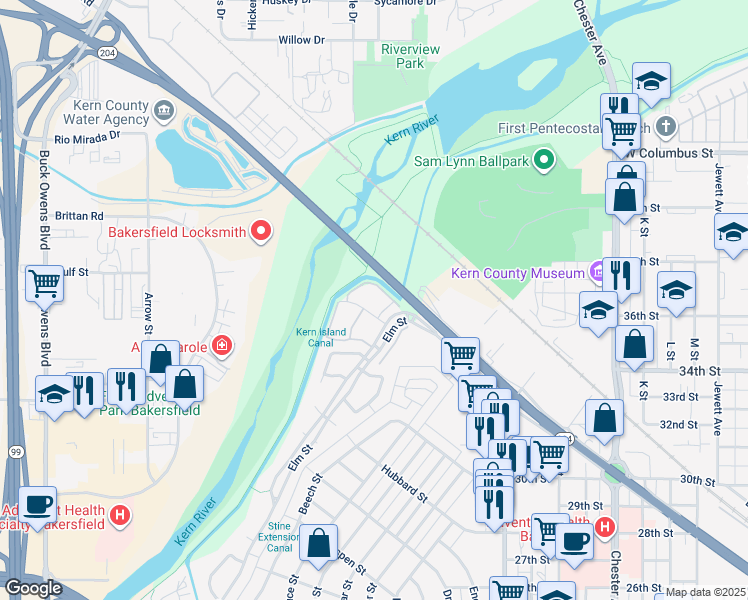 map of restaurants, bars, coffee shops, grocery stores, and more near 3333 El Encanto Court in Bakersfield