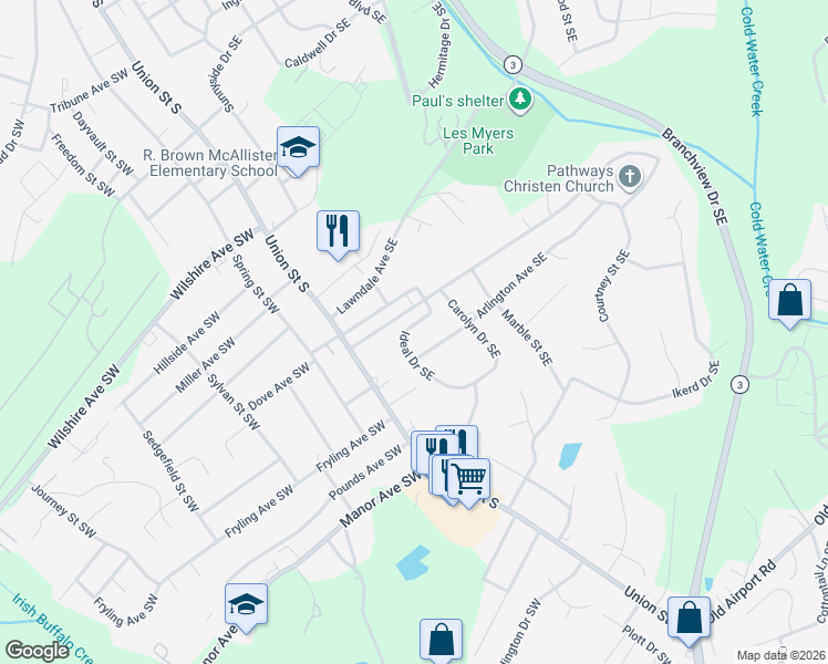 map of restaurants, bars, coffee shops, grocery stores, and more near 749 Ideal Drive Southeast in Concord