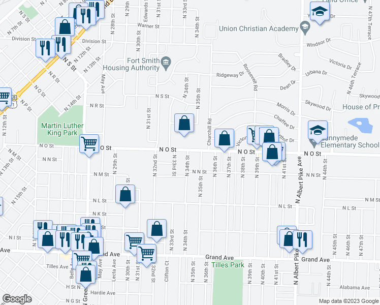 map of restaurants, bars, coffee shops, grocery stores, and more near 1534 North 34th Street in Fort Smith