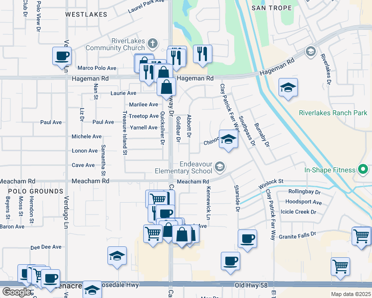map of restaurants, bars, coffee shops, grocery stores, and more near 3615 Abbott Drive in Bakersfield