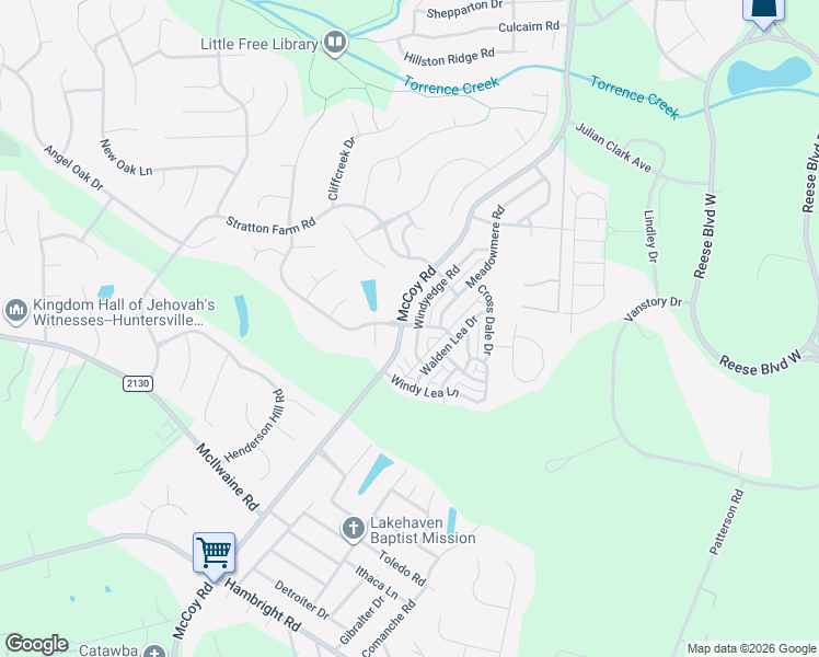 map of restaurants, bars, coffee shops, grocery stores, and more near 12823 Windyedge Road in Huntersville