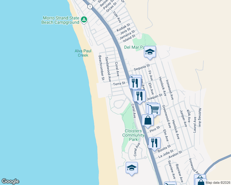 map of restaurants, bars, coffee shops, grocery stores, and more near 160 Verdon Street in Morro Bay