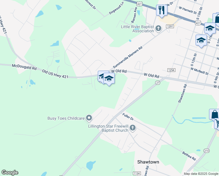 map of restaurants, bars, coffee shops, grocery stores, and more near 855 Old US Highway 421 in Lillington