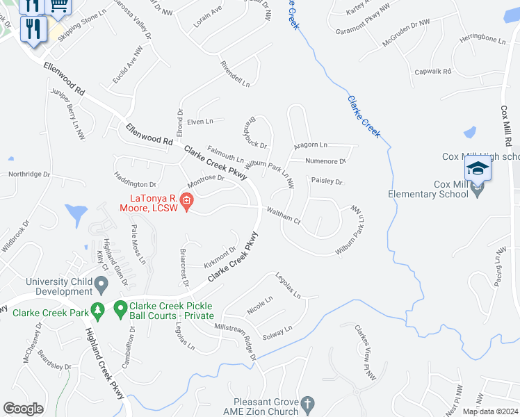 map of restaurants, bars, coffee shops, grocery stores, and more near 10005 Montrose Drive in Charlotte