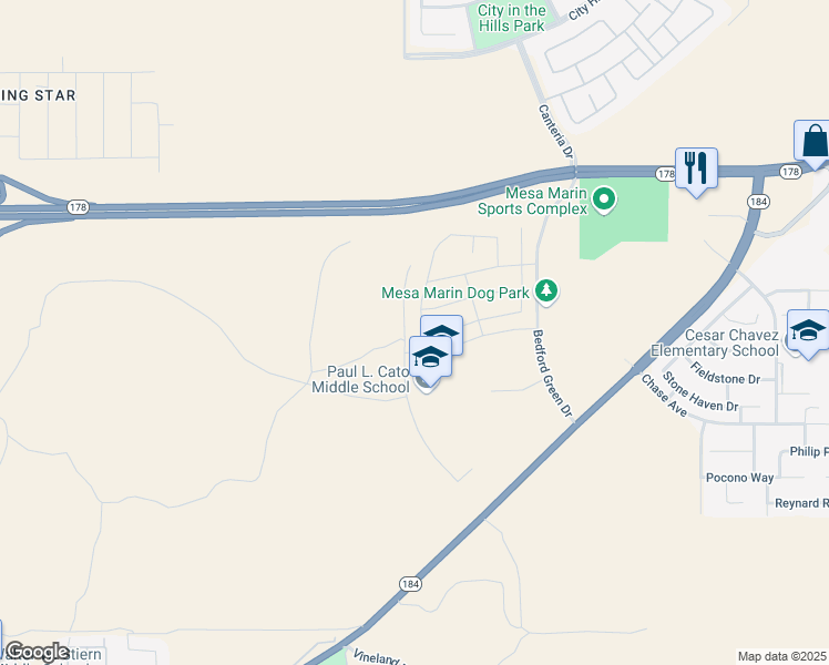map of restaurants, bars, coffee shops, grocery stores, and more near 9801 Highland Knolls Drive in Bakersfield