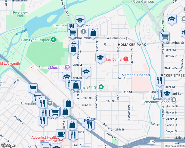 map of restaurants, bars, coffee shops, grocery stores, and more near 1100 36th Street in Bakersfield