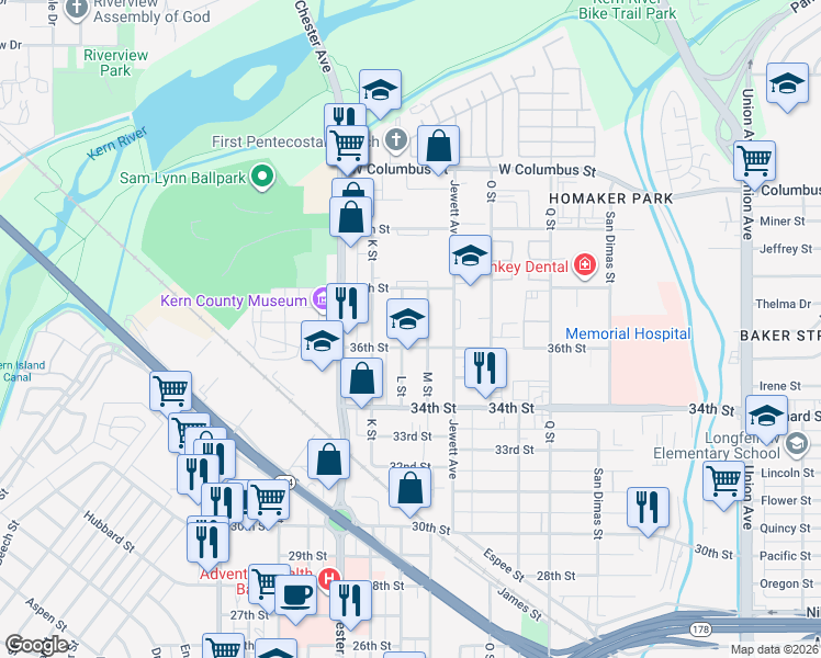 map of restaurants, bars, coffee shops, grocery stores, and more near 3602 L Street in Bakersfield